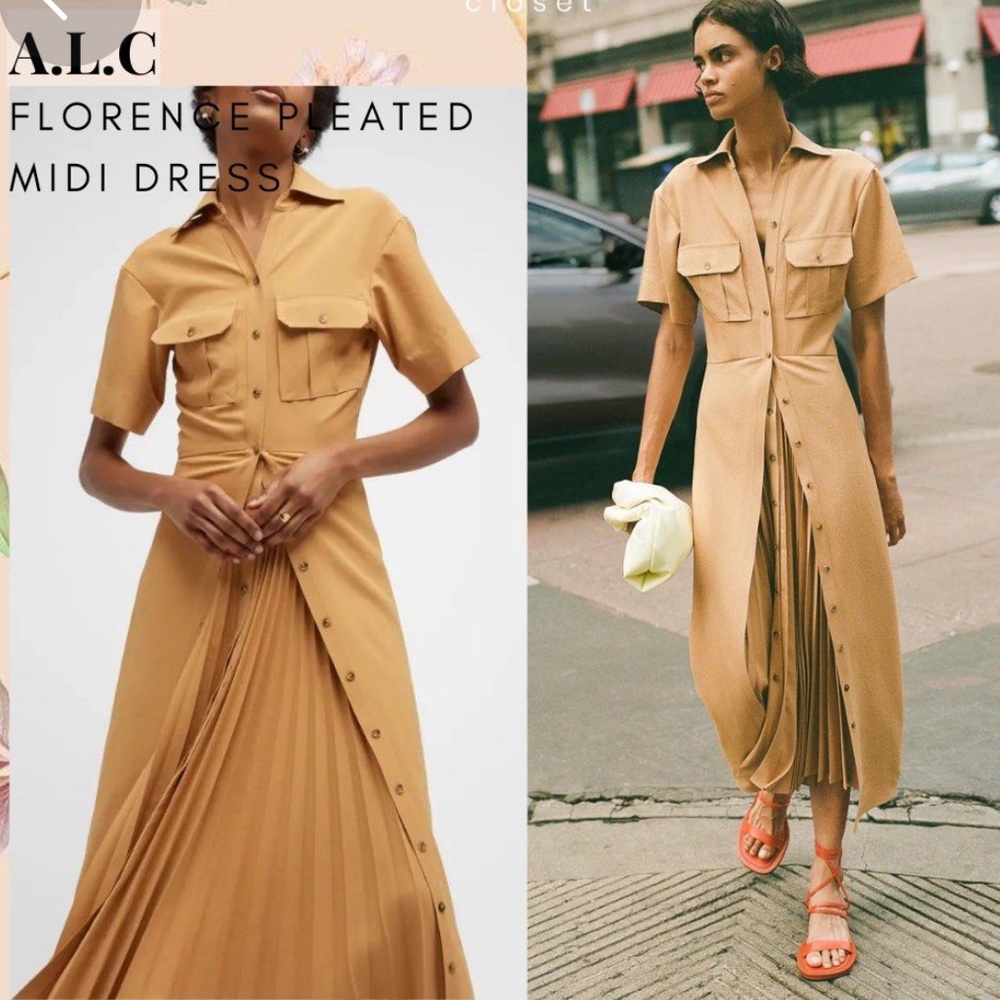 A.L.C. Pleated inset crepe midi safari dress,camel color, sz 2, new with tag